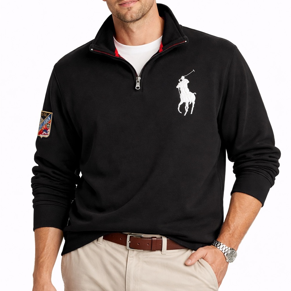 Vintage Ralph Lauren Black Quarter-Zip Sweatshirt with White Pony and Red Trim L